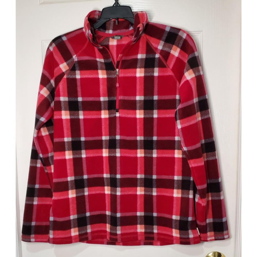 Eddie Bauer Women’s M Red Plaid Fleece Pullover Jacket Soft Cozy Quarter Snap